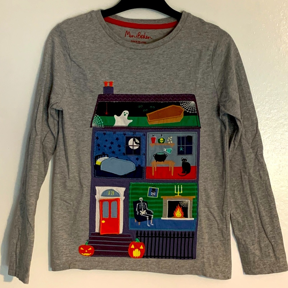 Mini Boden Halloween lift the flap long sleeve tee, 9-10Y, 140cm, spooky & fun!